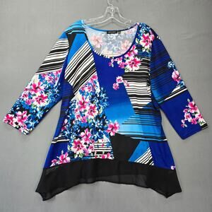 Notations Blue Black Floral Shirt Classic Scoop Neck 3/4 Sleeves Women's Size XL